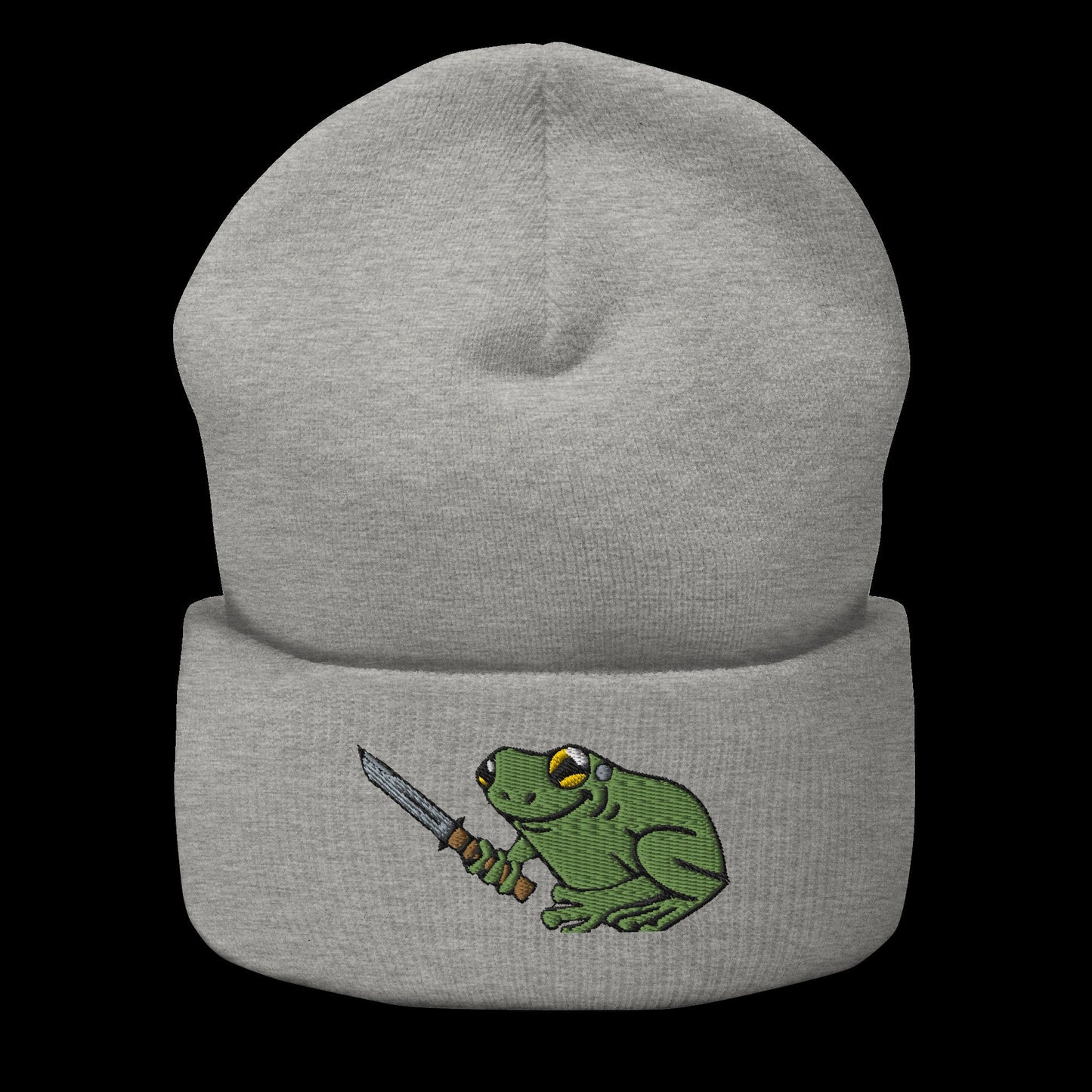 Frog With Knife | Cuffed Beanie | Embroidered hat | Rave Festival Wear