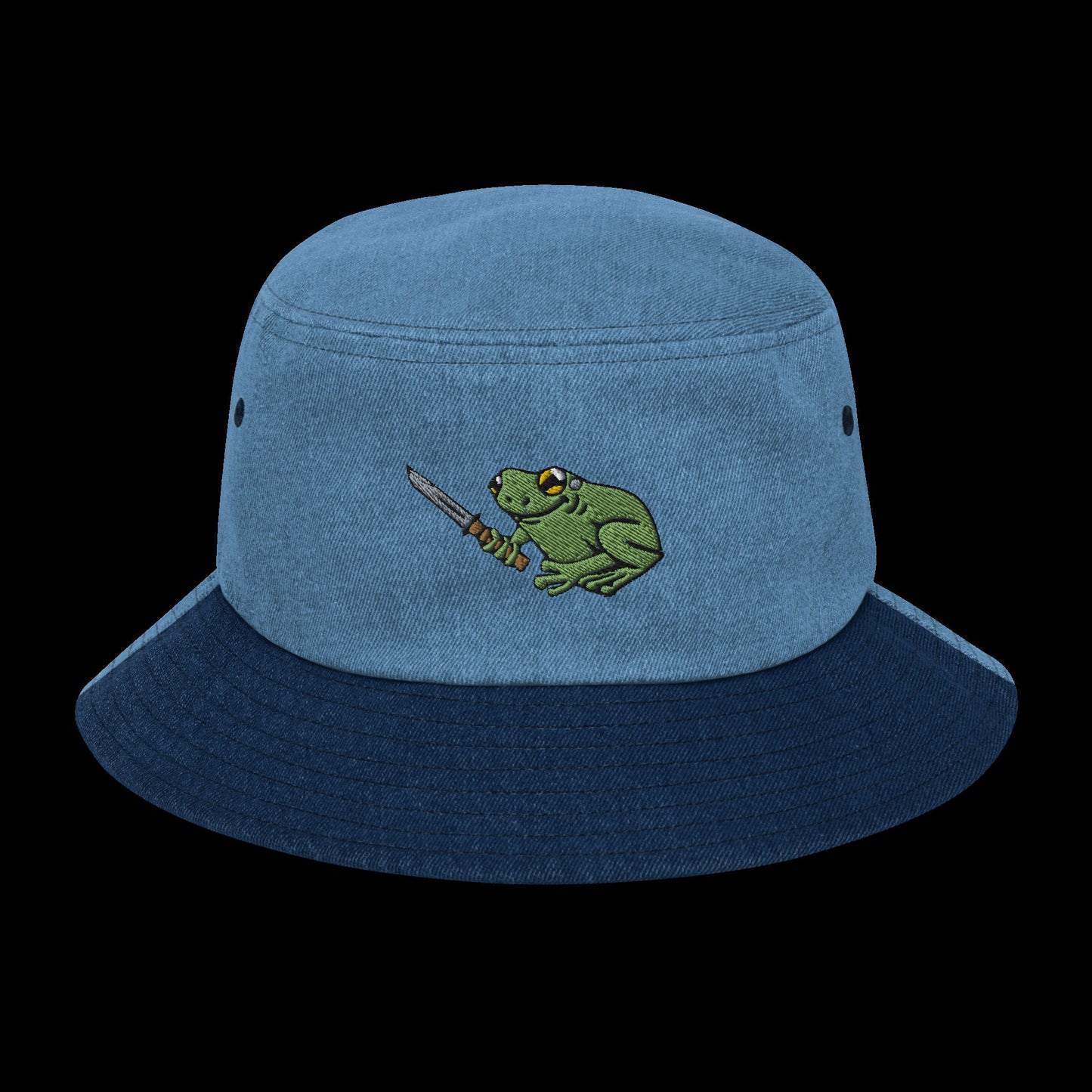 Frog with Knife | Denim bucket hat | Embroidered hat