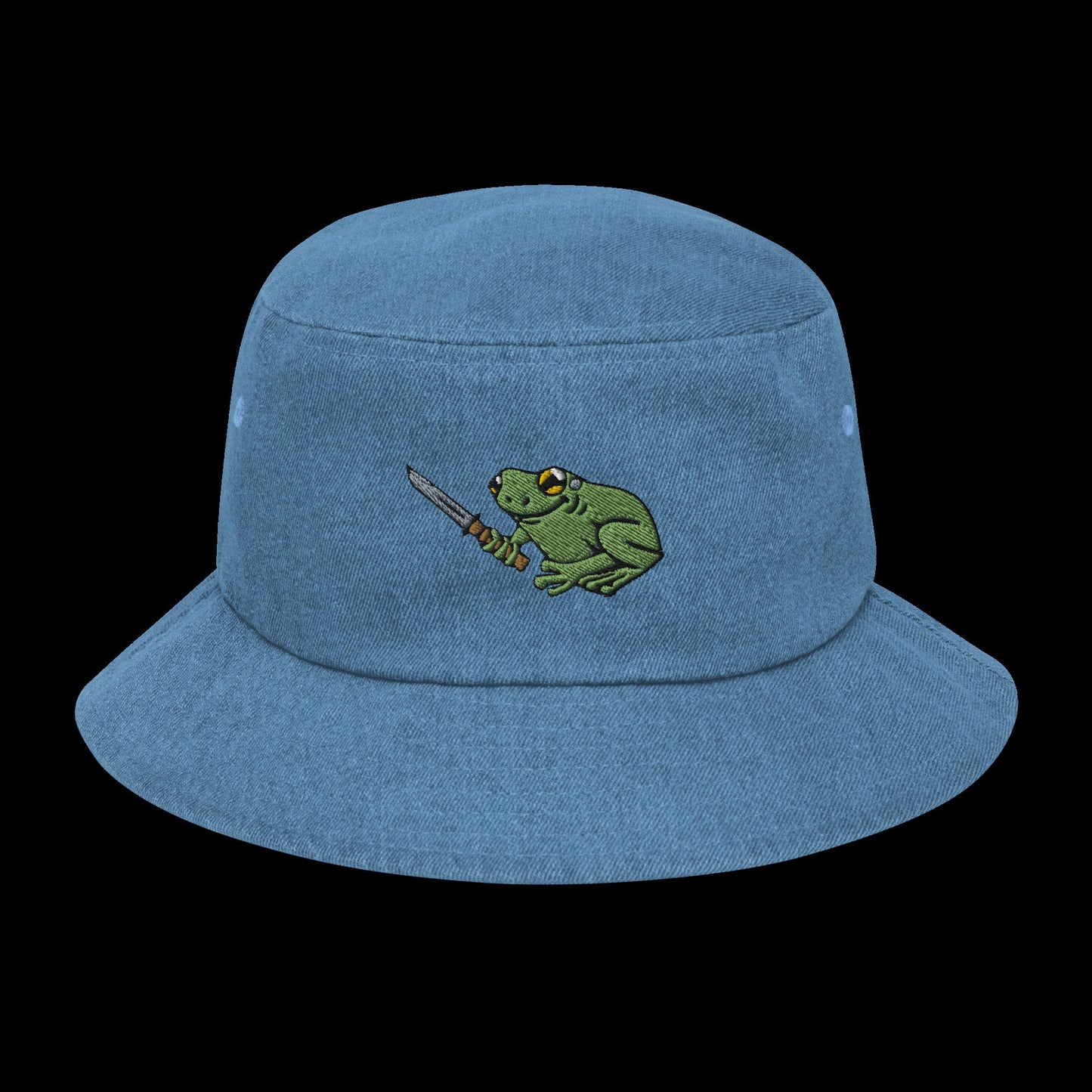 Frog with Knife | Denim bucket hat | Embroidered hat