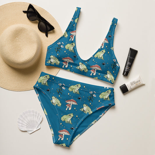 High-Waisted Bikini Frog and Mushroom Print | Cottagecore Aesthetic | Recycled Material Bathing Suit