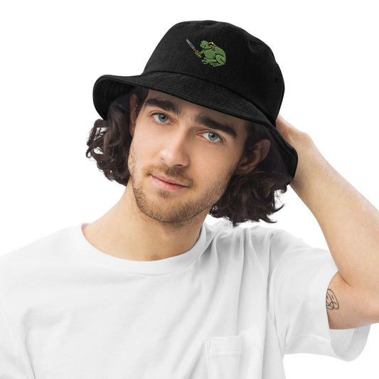 Frog with Knife | Denim bucket hat | Embroidered hat