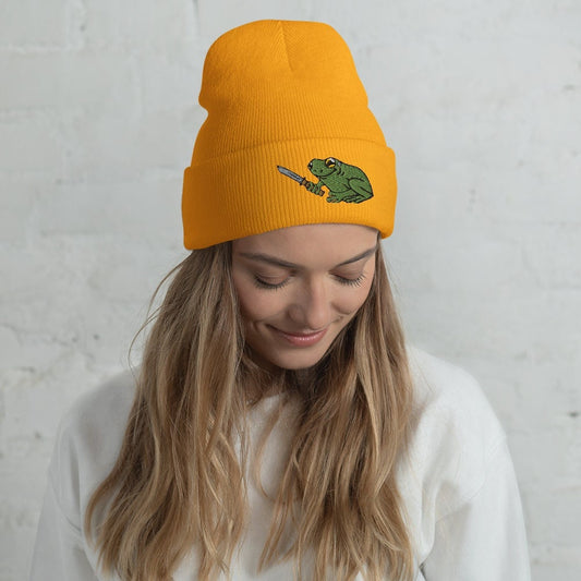 Frog With Knife | Cuffed Beanie | Embroidered hat | Rave Festival Wear