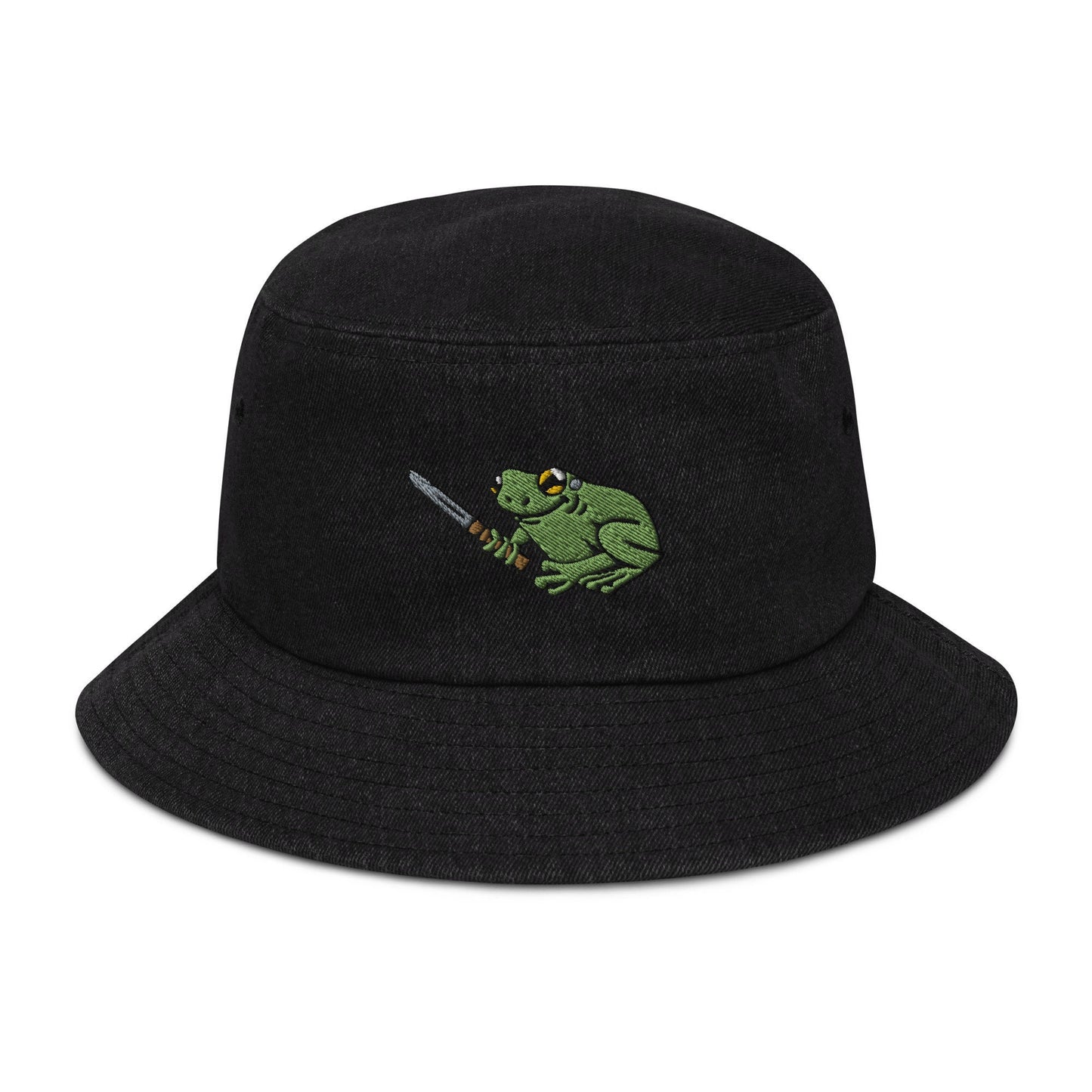 Frog with Knife | Denim bucket hat | Embroidered hat