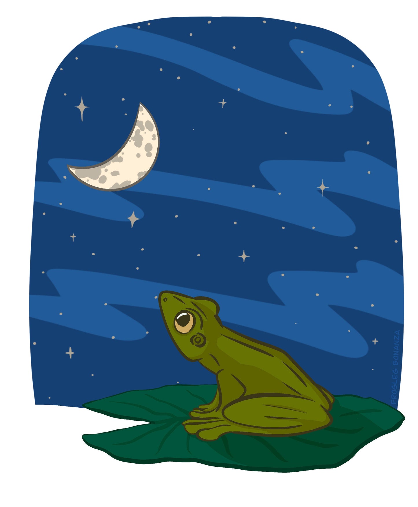 Art Print | Frog Sitting on Lily Pad Looking at Moon | Frogcore