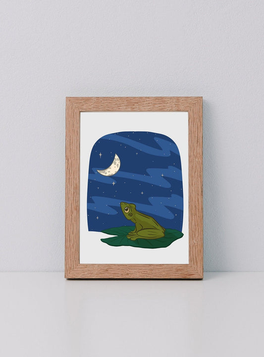 Art Print | Frog Sitting on Lily Pad Looking at Moon | Frogcore