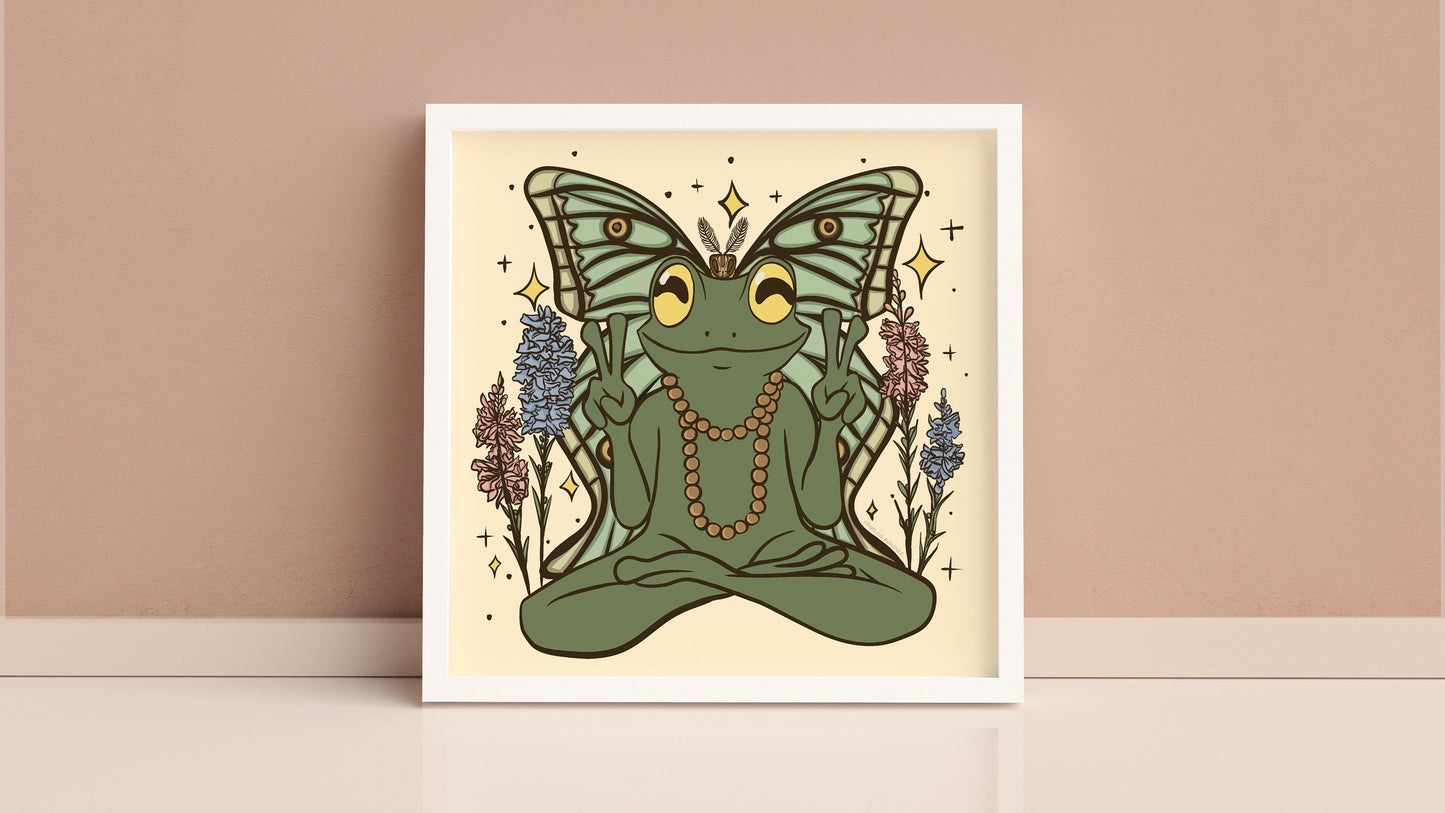 Art Print | Peace Frog | Hippie Frog Peace Sign | Luna Moth | Flowers