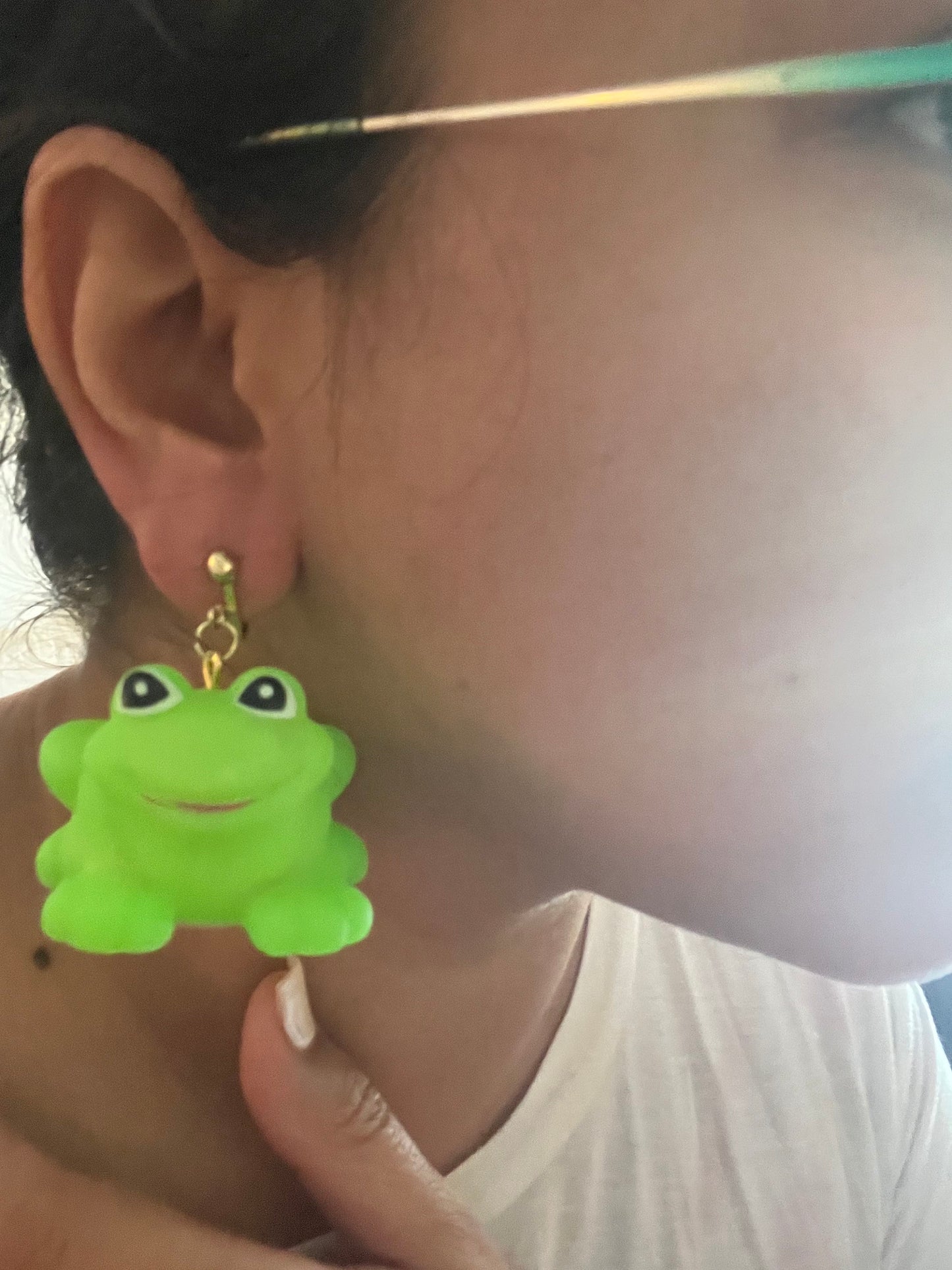 Glow in the Dark Rubber Frog Toy Dangle Earrings Hook or Clip On