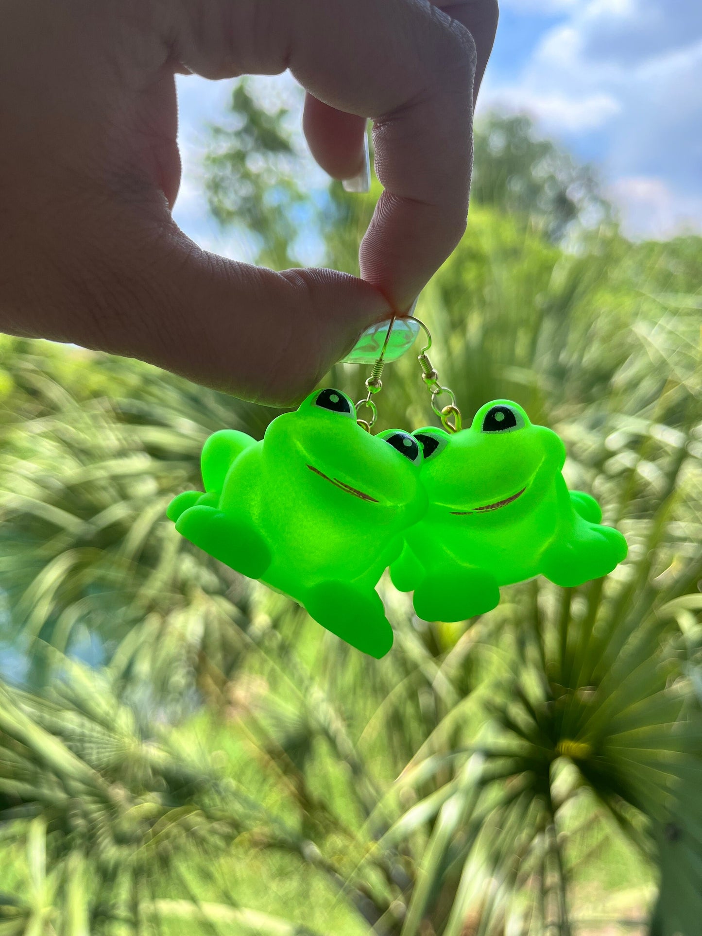 Glow in the Dark Rubber Frog Toy Dangle Earrings Hook or Clip On